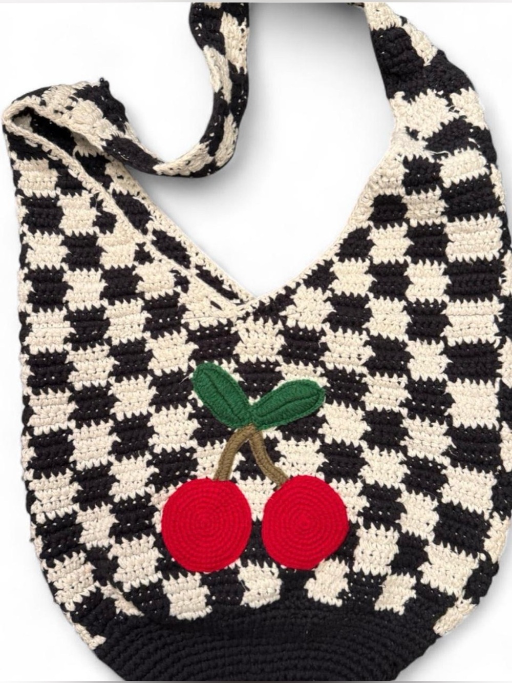 CROCHET black and white check with cherries crossbody bag. EUC